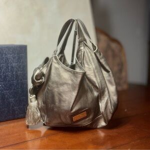VALENTINO GARAVANI Metallic Calfskin Small Nuage Bow Hobo. Golden finish.